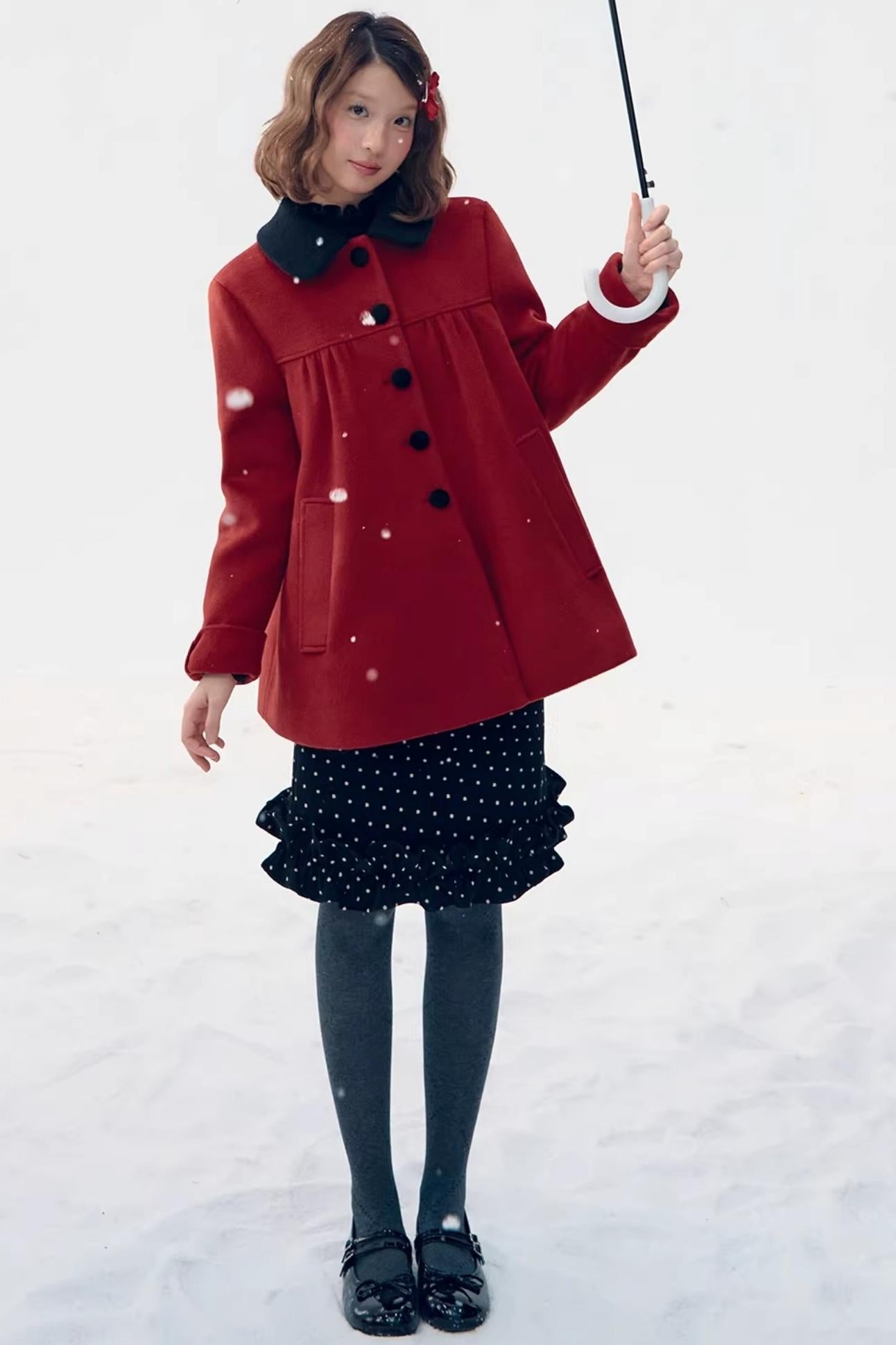 Red Woolen Doll Collar Coat