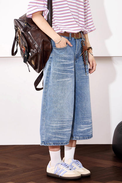 High-Waisted Whisker Denim Shorts