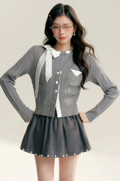숏 그레이 케이블 니트 가디건 세트업