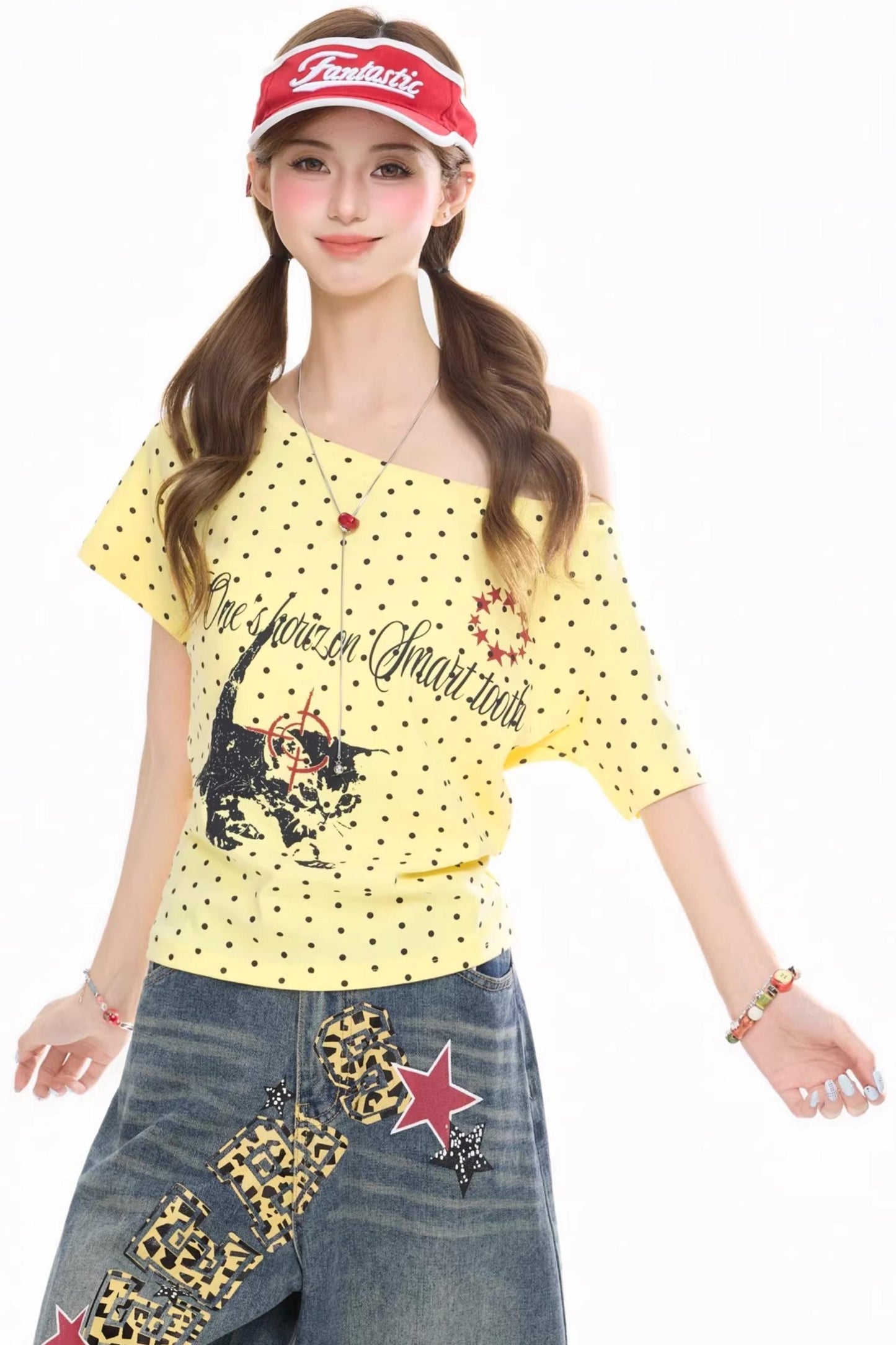 Polka Dot Kitten Print Top