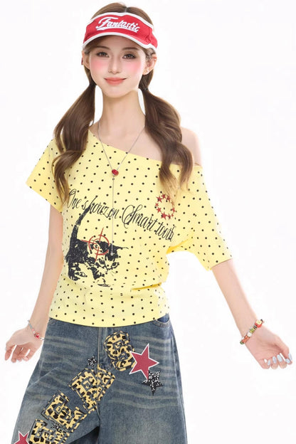 Polka Dot Kitten Print Top