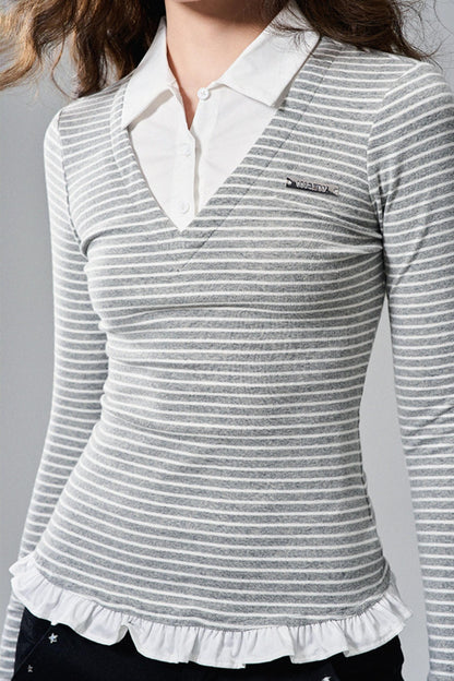 Lace Hem Striped Long Sleeve Knit Tee