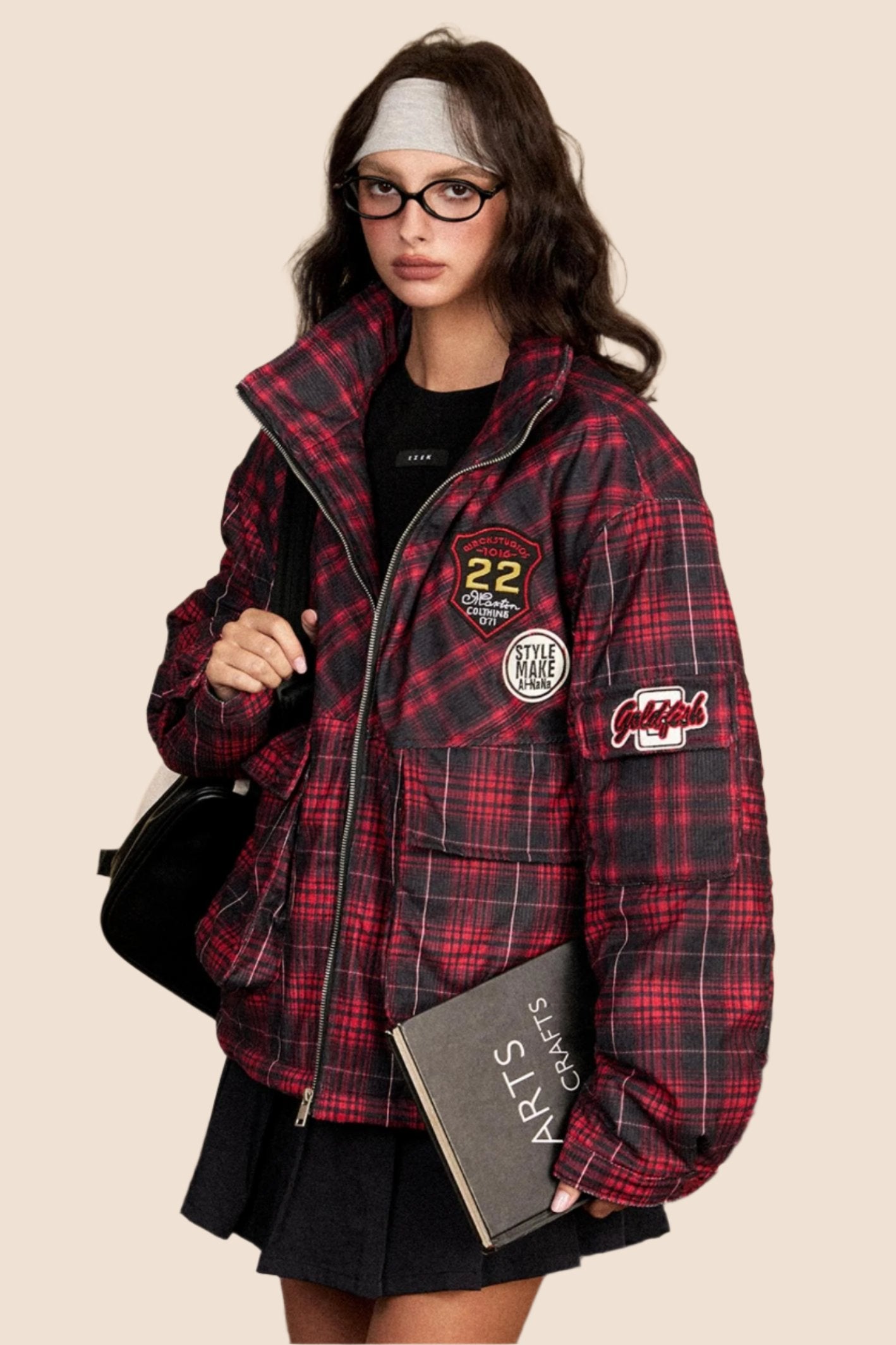 EZEK American Retro Stand Collar Red Plaid Cotton Jacket Baumwolljacke Women's Loose Lazy Thickened Cotton Jacket Breadwear Jacket