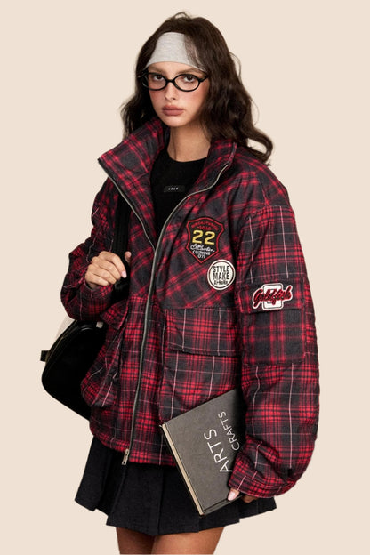 EZEK American Retro Stand Collar Red Plaid Cotton Jacket Baumwolljacke Women's Loose Lazy Thickened Cotton Jacket Breadwear Jacket