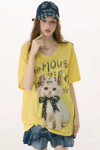 Yellow Cat Print Polka Dot T-Shirt