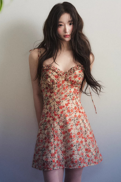 Orange-Red Floral Ruffled Dress