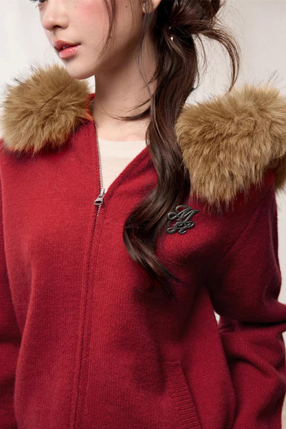 Fur Collar Hooded Knit Cardigan