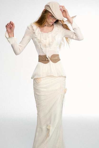 Cream Tailored Lace Satin Fishtail Skirt