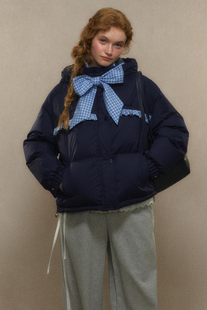 Cropped High Neck Duck Down Jacket with Bow