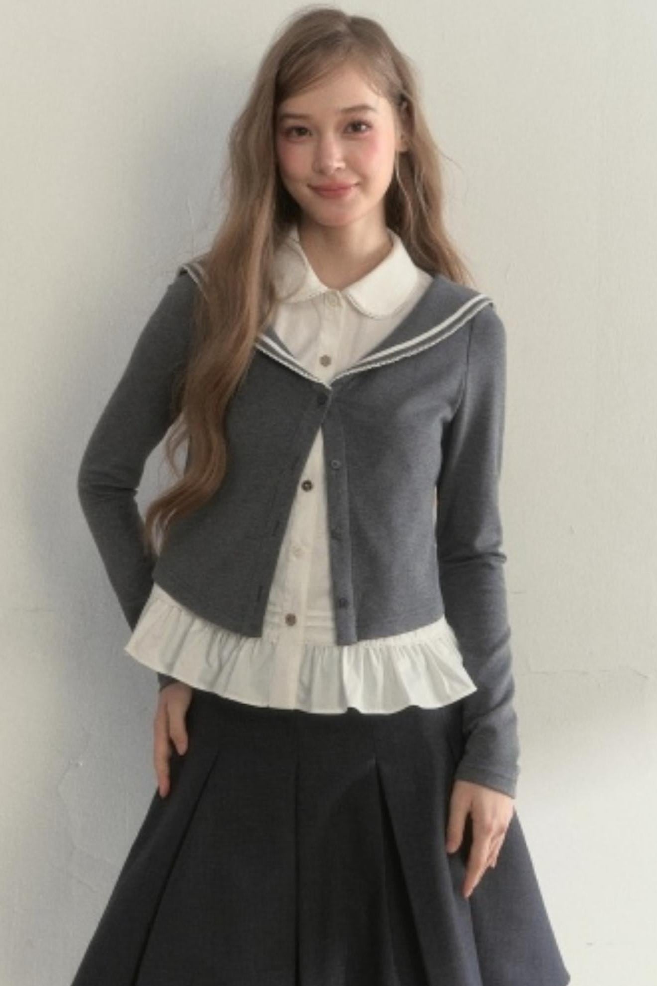 College Navy Collar Top & Skirt Set-Up