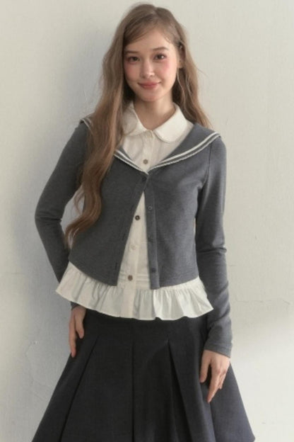 College Navy Collar Top & Skirt Set-Up