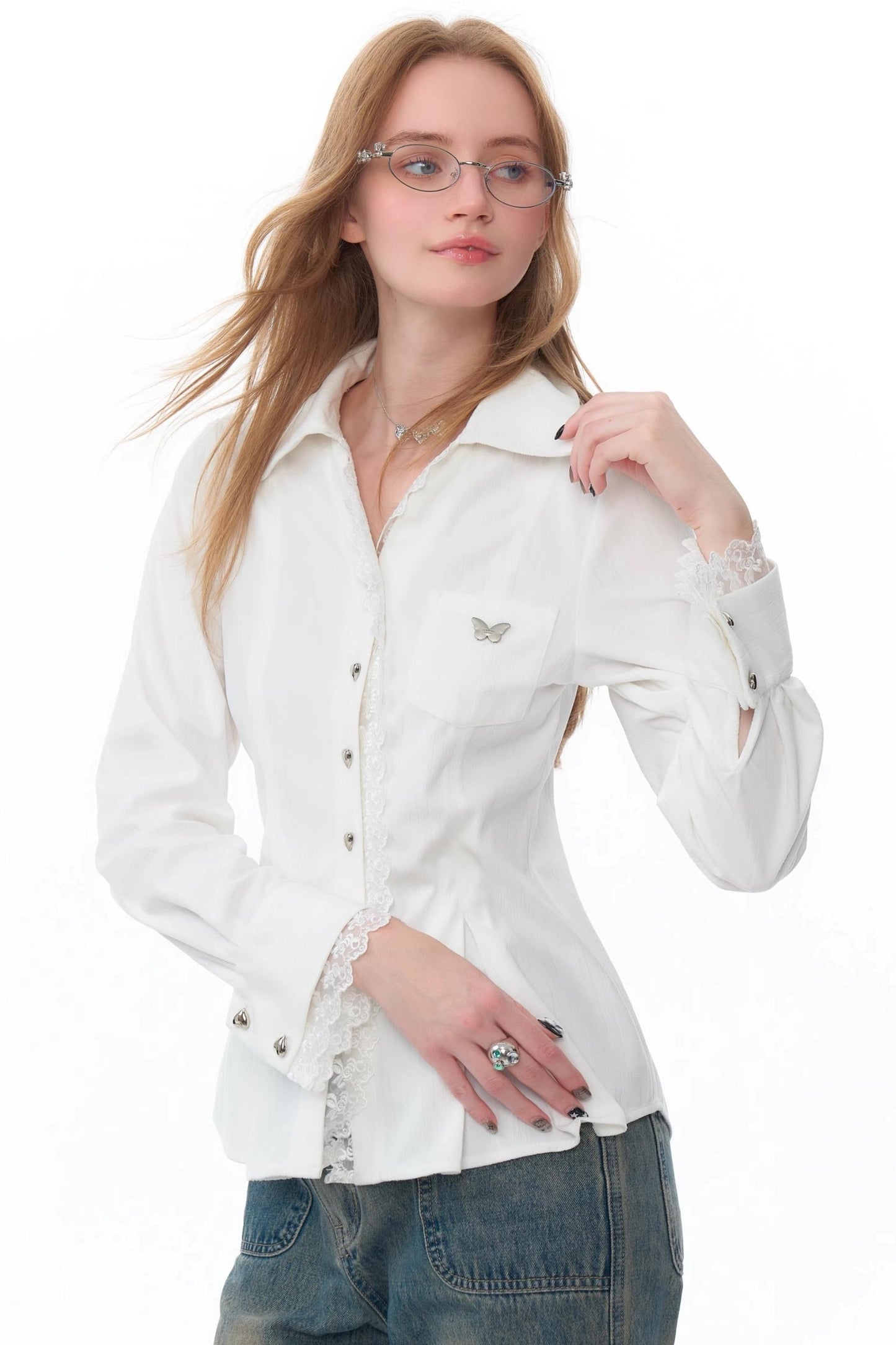 White Slim Lace Long-Sleeve Shirt