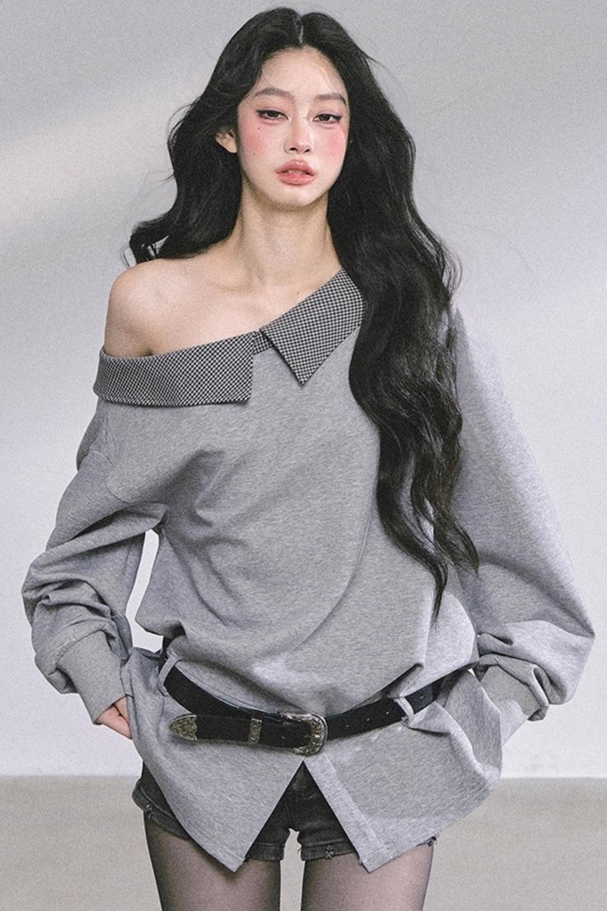 American Slanted Shoulder Plaid Sweatshirt