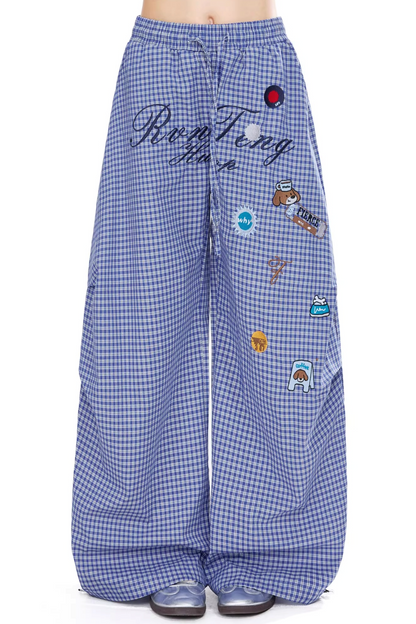 체크 레트로 와이드 레그 팬츠