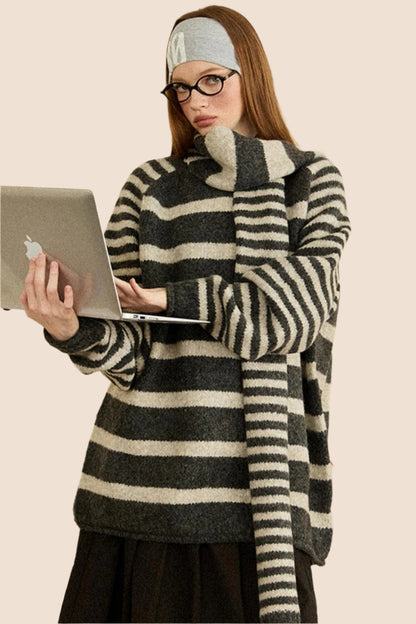 Thickened Striped Loose Knit Top Scarf Set