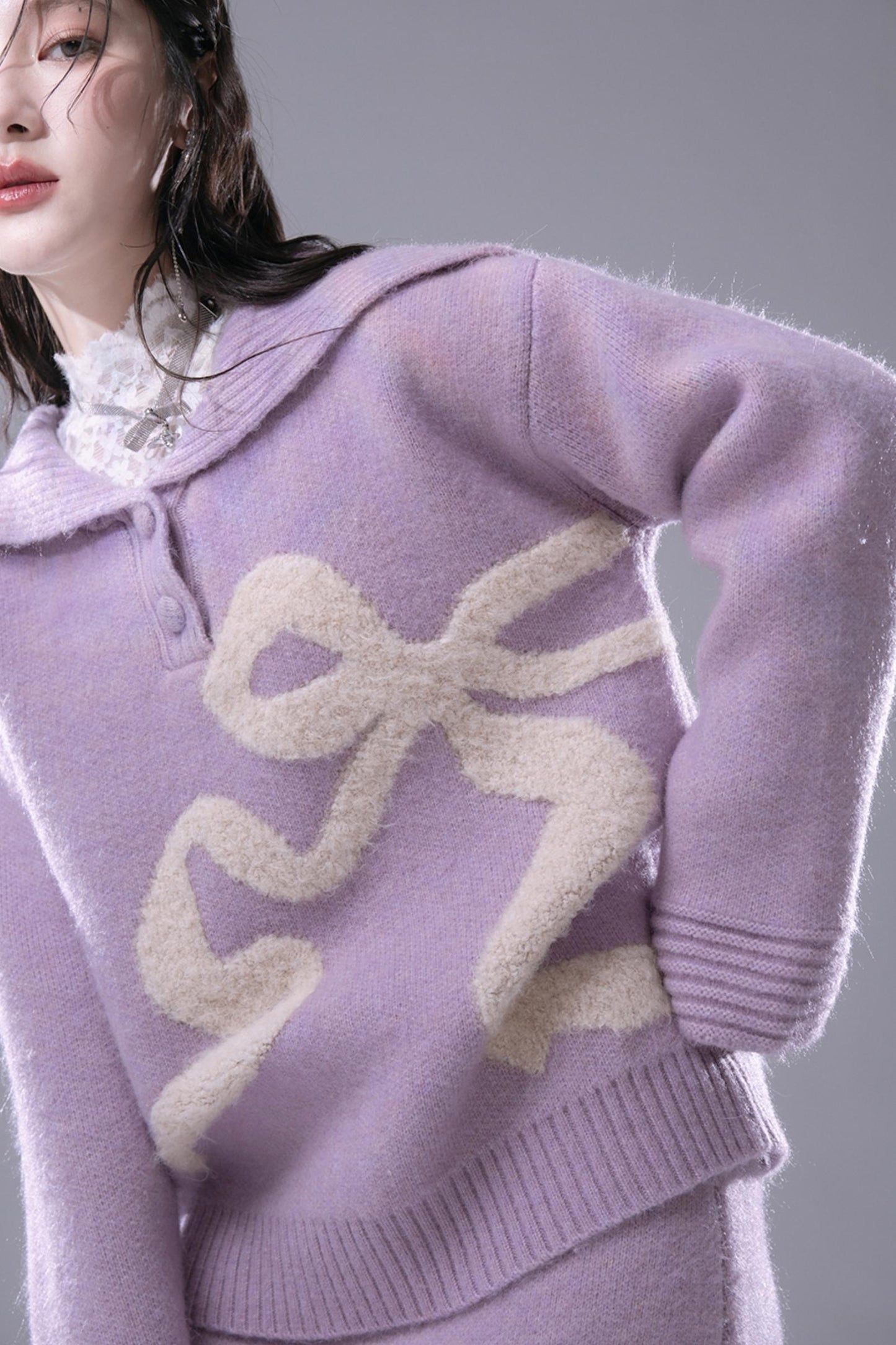 Grape Purple Bow Jacquard Sweater Set-UP