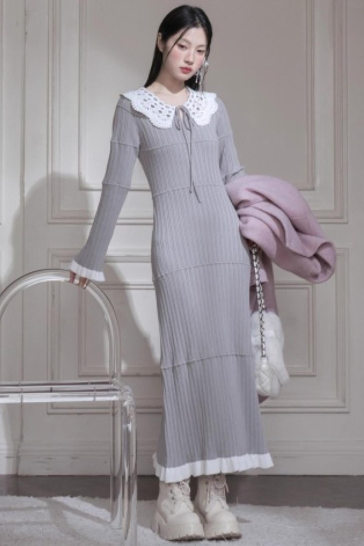 Mist Gray Lace Wool Dress