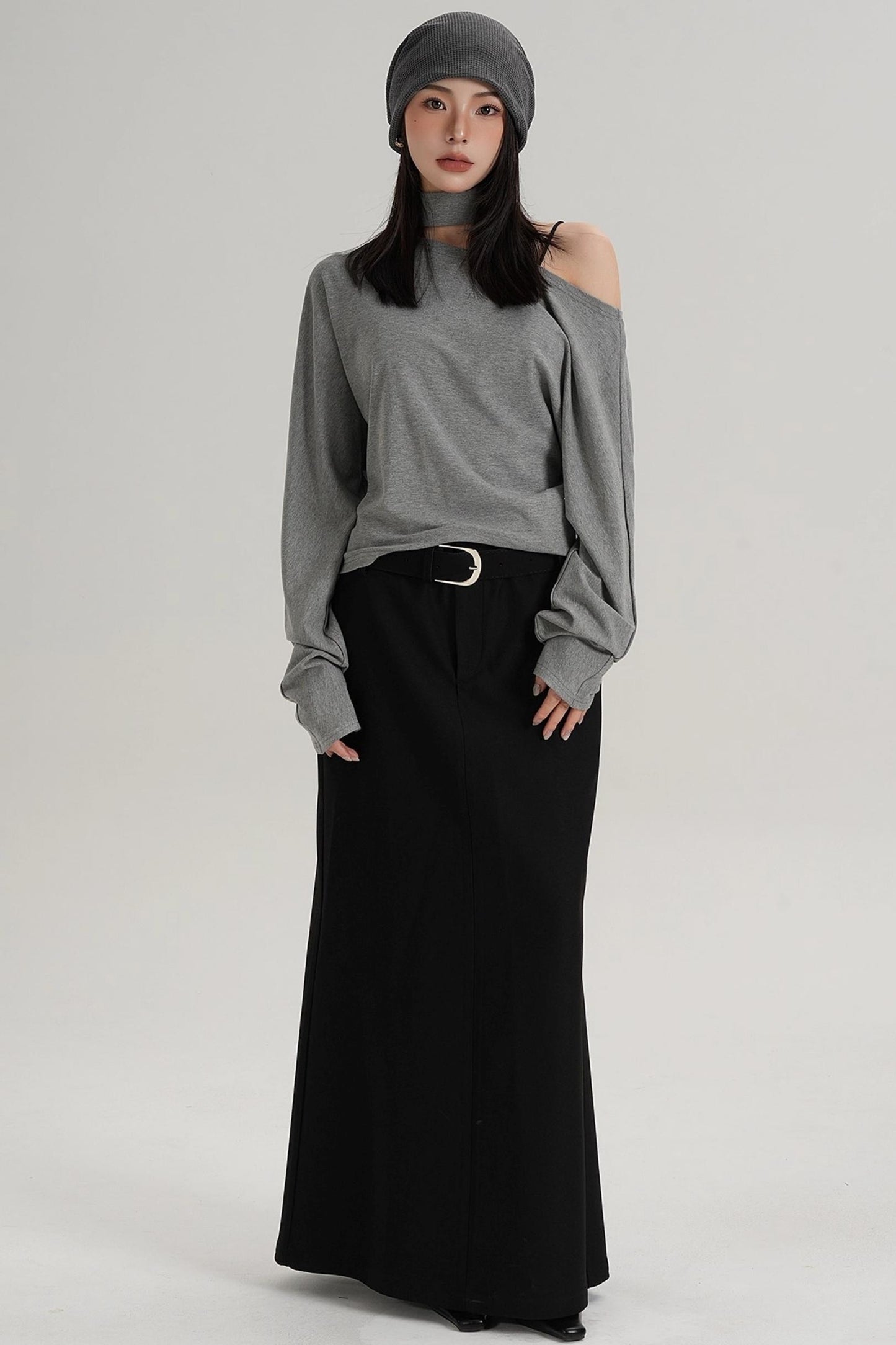 Halterneck Slanted Shoulder Long Sleeve Top