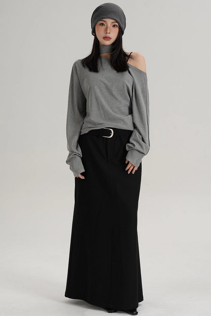 Halterneck Slanted Shoulder Long Sleeve Top