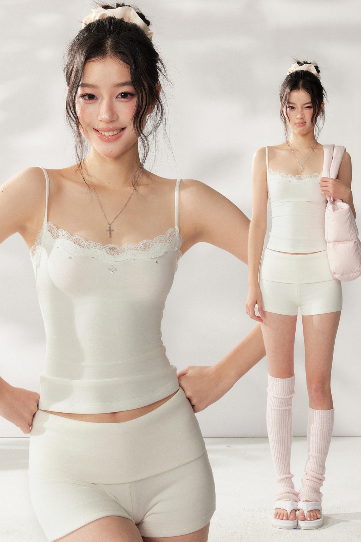 Creme Spitzen-Loungewear-Set
