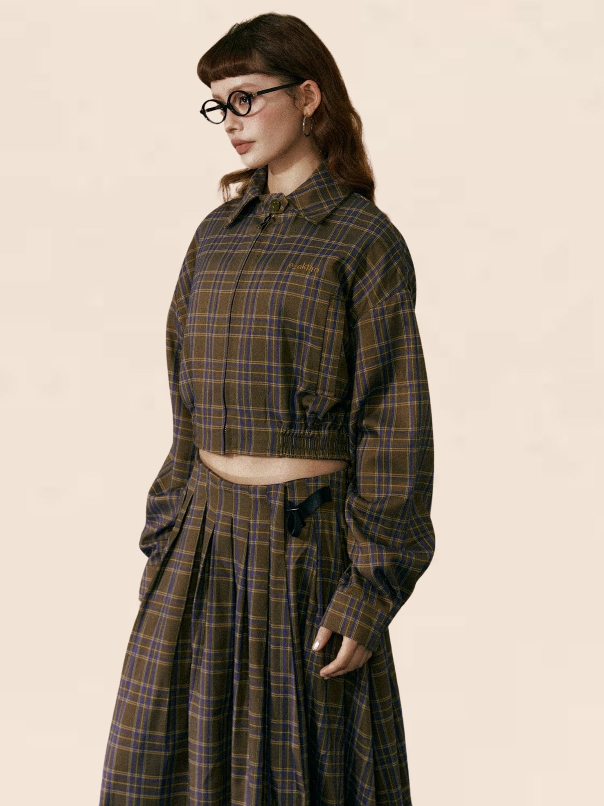 Retro Plaid Cropped Zipper Set