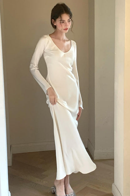 French Waist-Defined Long-Sleeve Dress