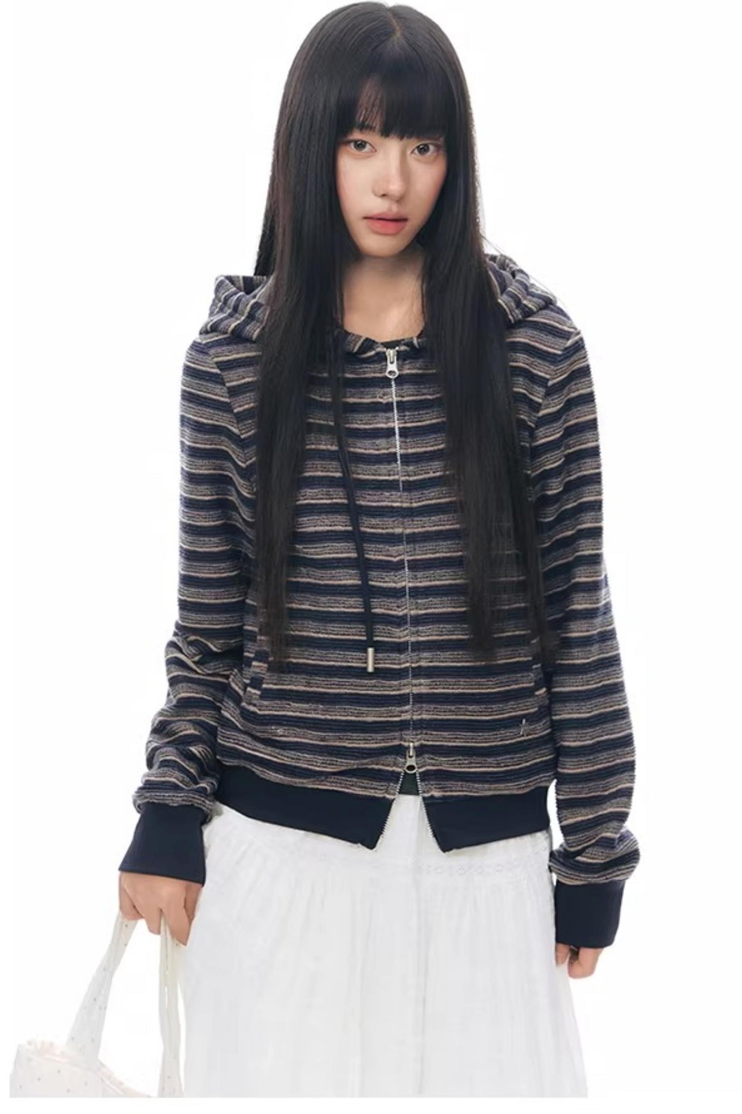 Striped Textured Hooded Sweatshirt
