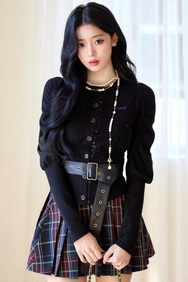 Black Puff Sleeve Shirt With Belt Set-Up