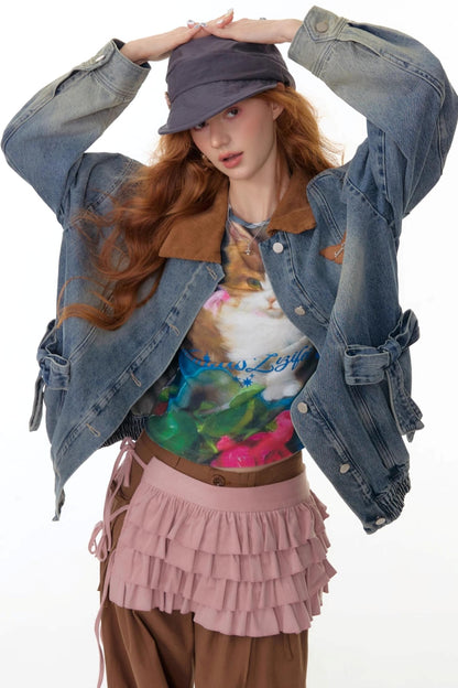 Bow Corduroy Collar Retro Denim Jacket