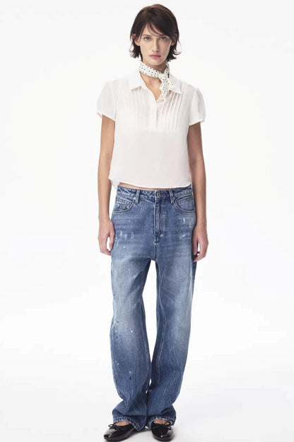 Ramie-Blend Pleated Puff Blouse