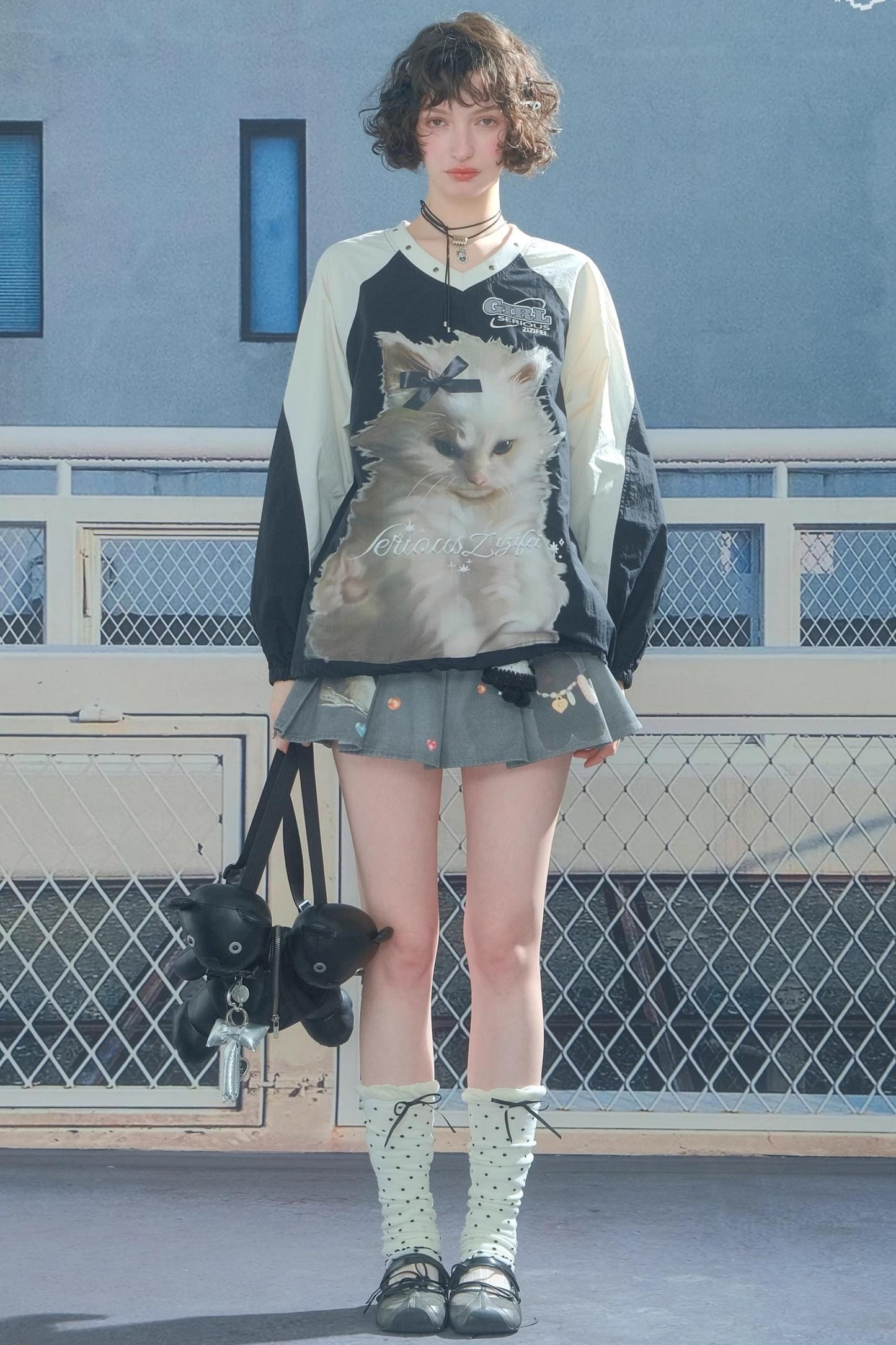 American Cat Print V-Neck Top