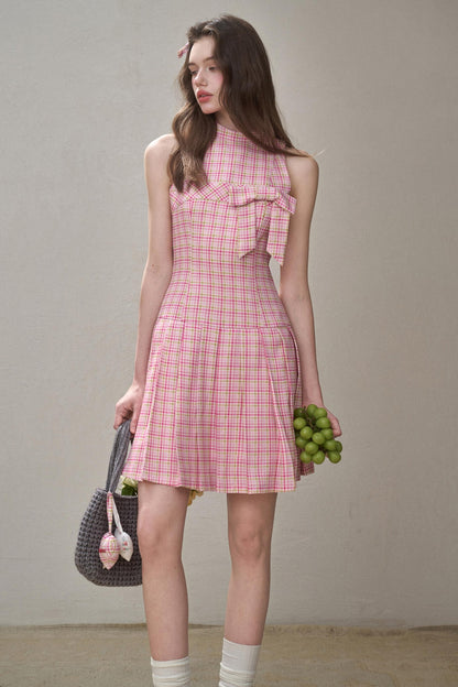 Bow Halterneck Plaid Dress