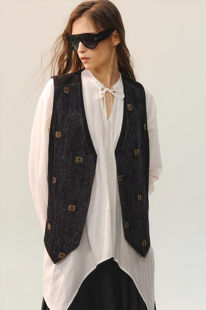 Beaded Retro V-Neck Vest Set