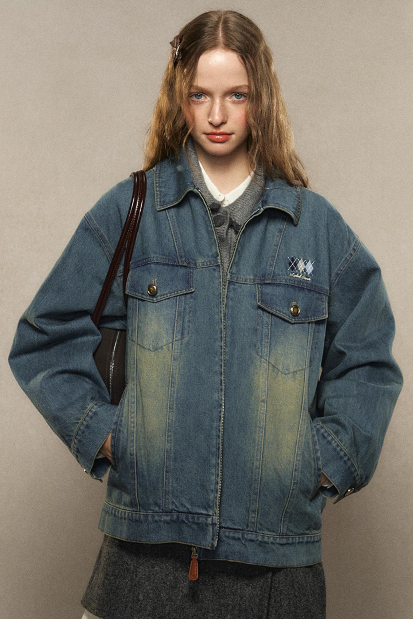 LOLOL ® 24FW American Vintage Wash Distressed Revers Diamond Checkered Gestickte Denim Jacke Damen Herbst Winter