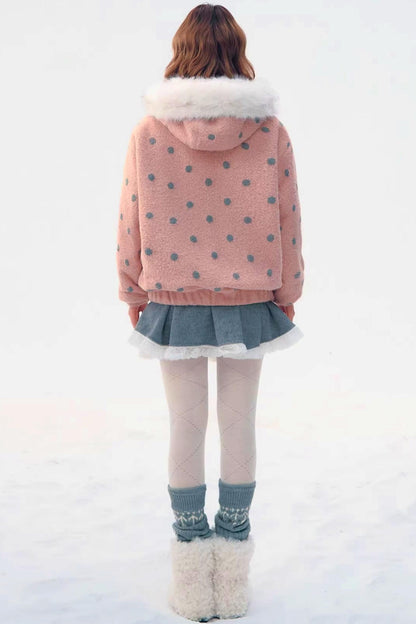 Pink Gray Polka Dot Hooded Jacket
