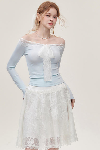 Light  Blue Lace One-Shoulder Top