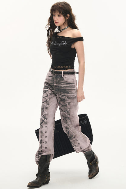 Digital Print Wide-Leg Jeans