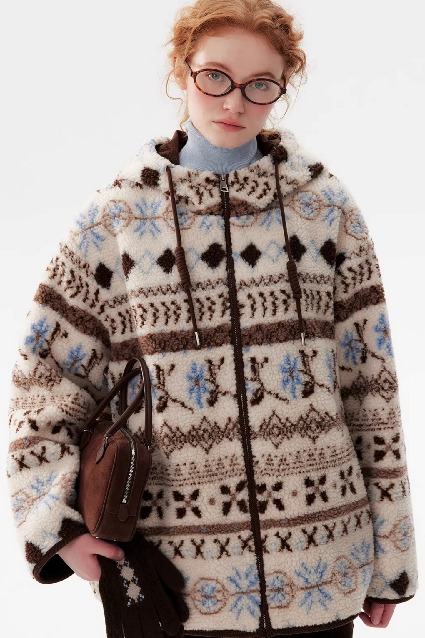 Scandinavian Snowflake Wool Hooded Coat