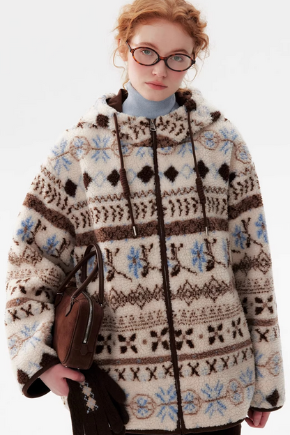 Scandinavian Snowflake Wool Hooded Coat