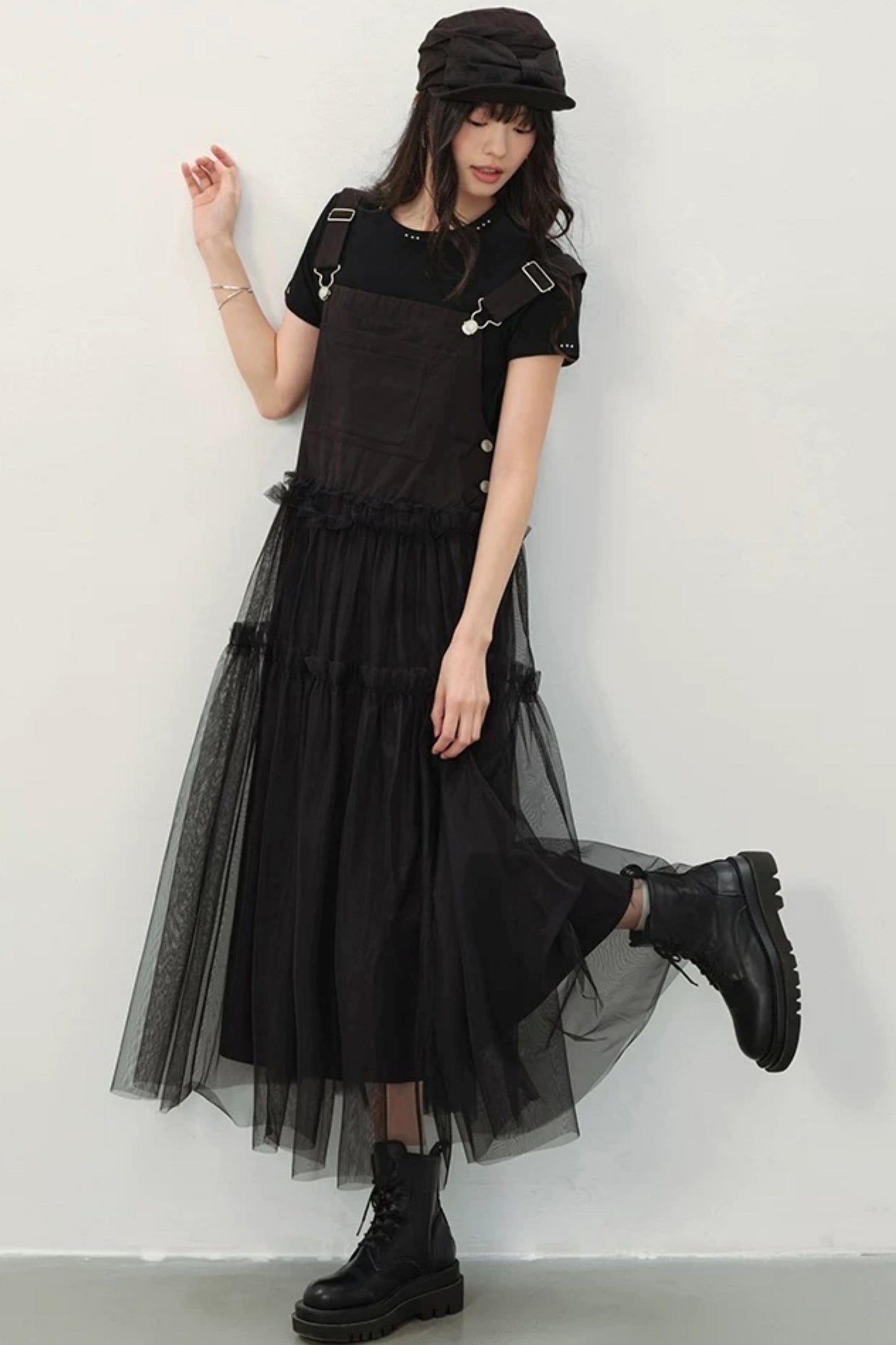 Black Denim Mesh A-Line Dress
