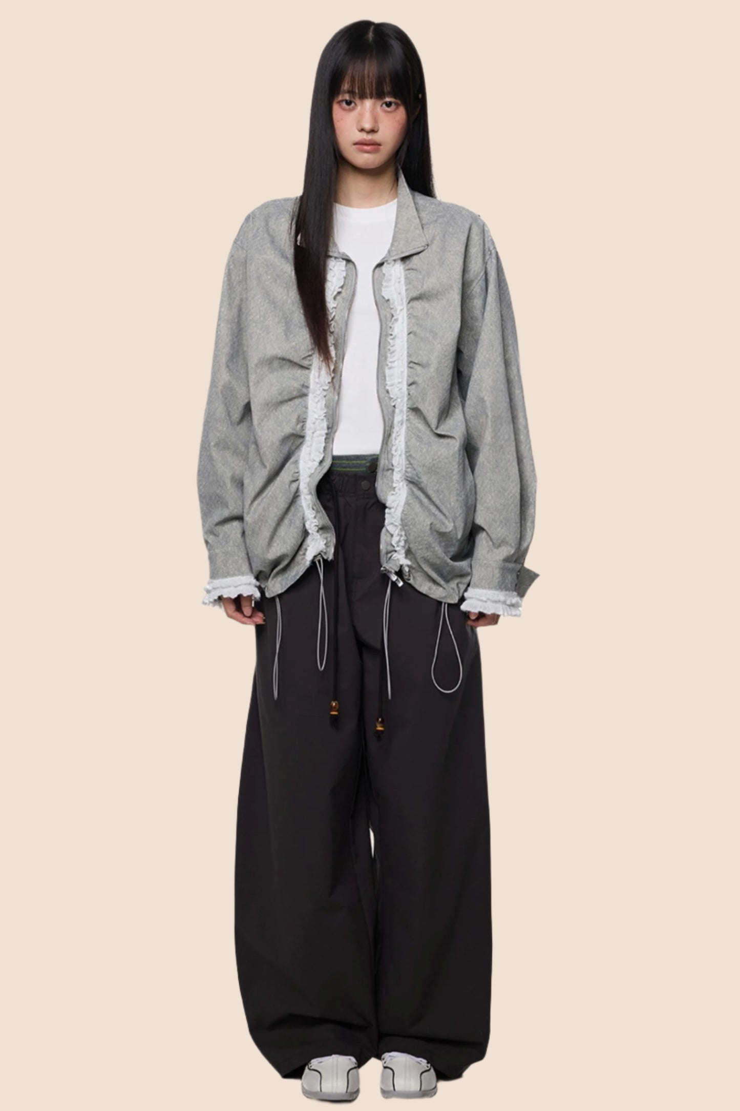 Loose Fit Pleated Lace Zip Jacket