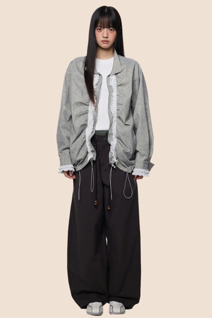 Loose Fit Pleated Lace Zip Jacket