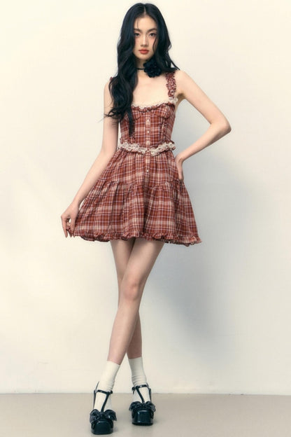 Pink Plaid Ruffle Lace Cami Dress