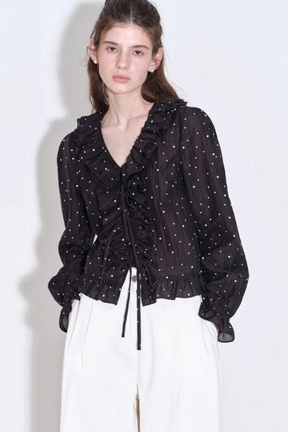 Romantic Ruffled Polka Dot V-Neck Blouse