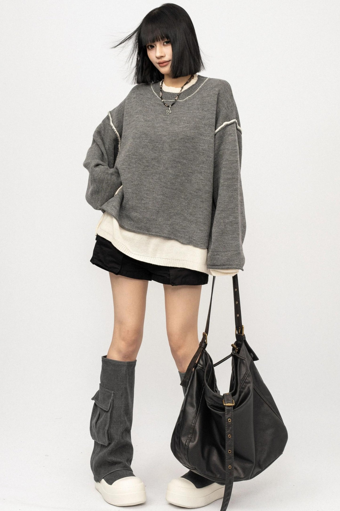 Fake Two Loose Knit Smock Sweater