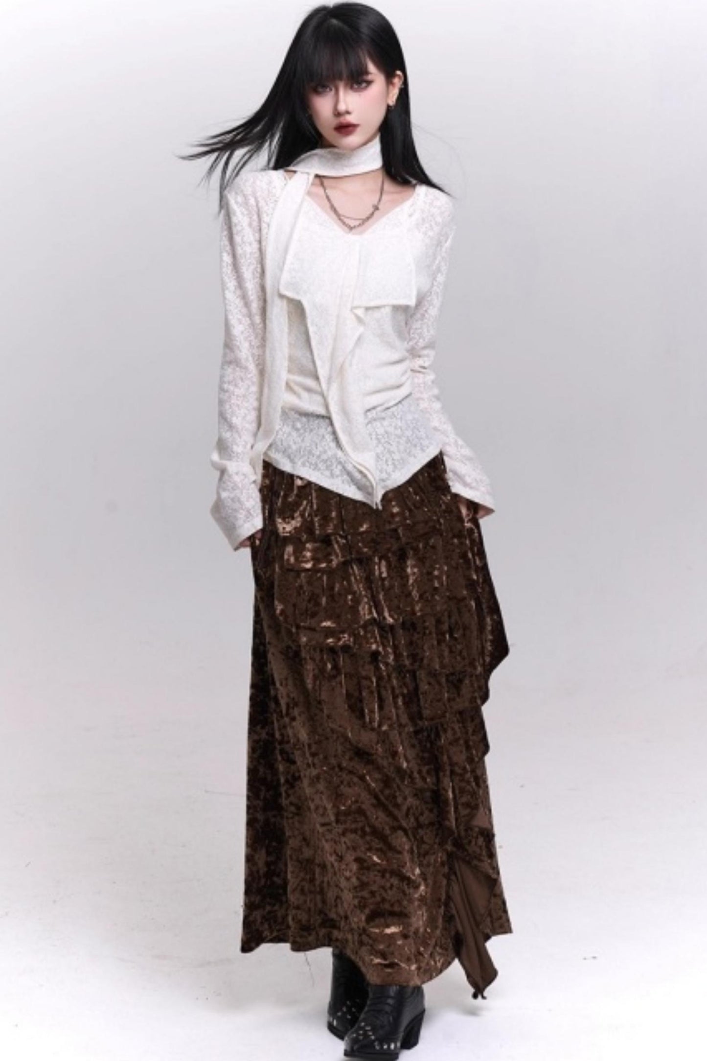 Velvet Irregular Hem Long Skirt