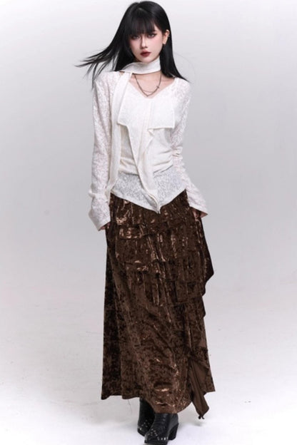 Velvet Irregular Hem Long Skirt