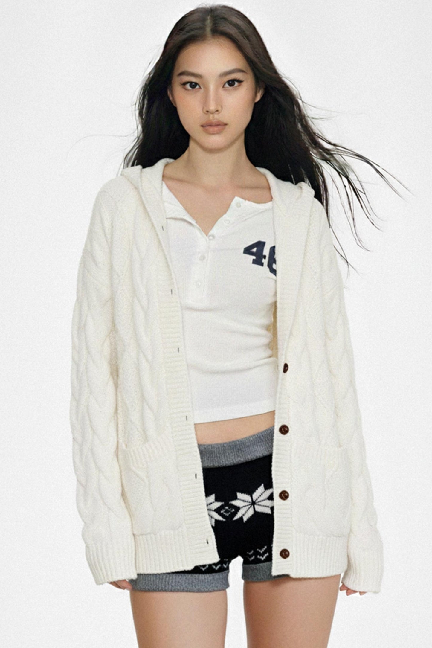 White Twist-Knit Hooded Cardigan