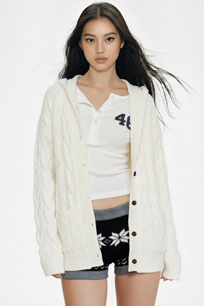 White Twist-Knit Hooded Cardigan