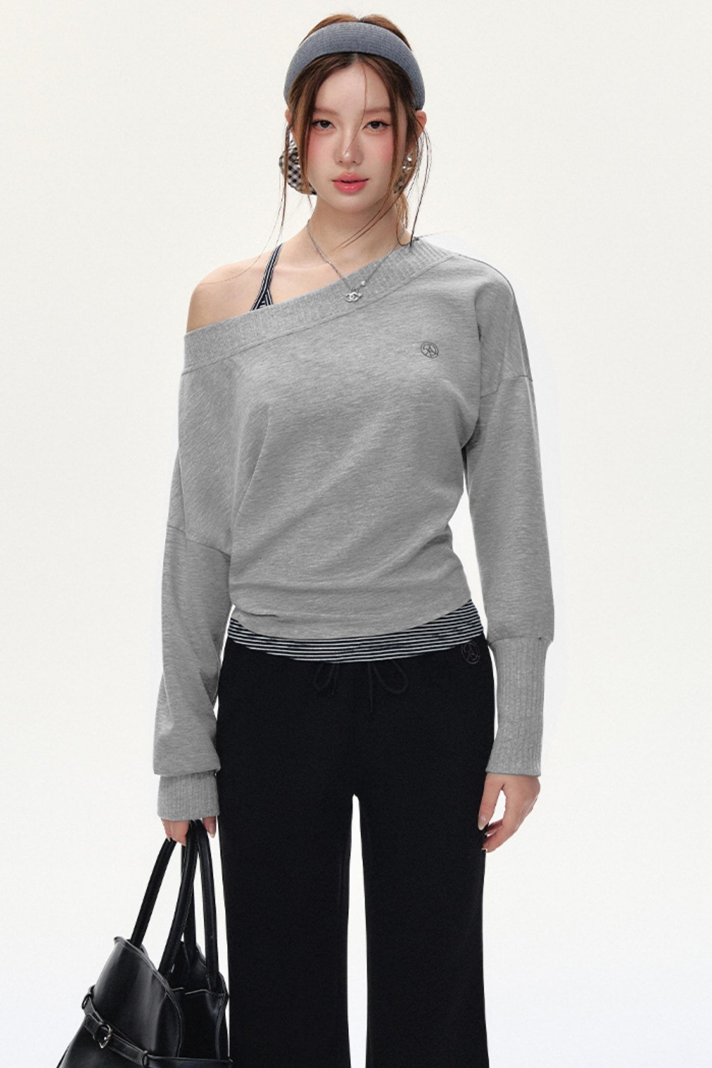 Fashion Oblique Shoulder Tops Set-Up